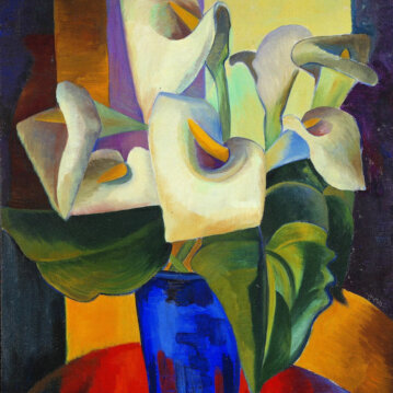 Auf dem Bild sieht man ein Gemälde der Künstlerin Hanna Bekker vom Rath, das Blüten einer Kalla in einer blauen Vase abbildet.