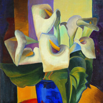 Auf dem Bild sieht man ein Gemälde der Künstlerin Hanna Bekker vom Rath, das Blüten einer Kalla in einer blauen Vase abbildet.